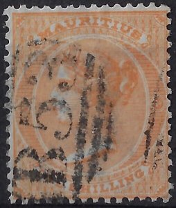 Mauritius 1863 1 Sh. yellow used, SG 68/ Sc 39a, wmk CC. CV £38       (a1245a