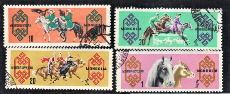 MONGOLIA SCOTT #377, 379, 380, 383,  CTO,    1965  HORSES