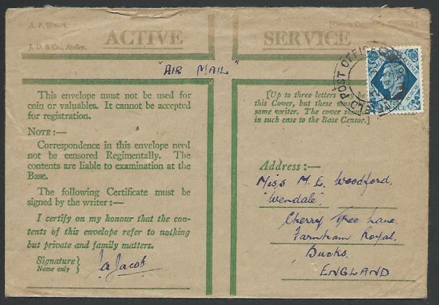 GB 1943 Honour enveope with GVI 10d for airmail used FPO 136...............56424
