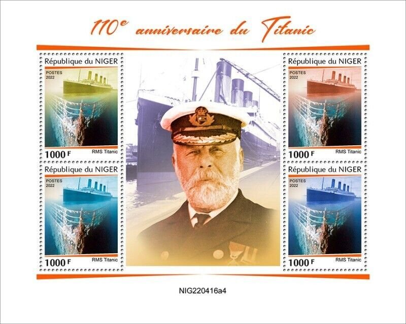 Niger - 2022 RMS Titanic Anniversary - 4 Stamp Sheet - NIG220416a4