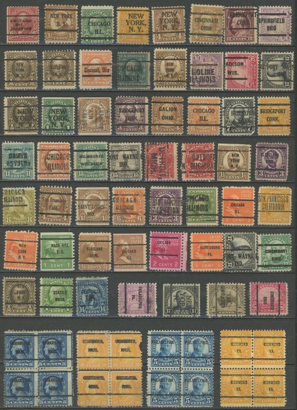 USA - page of old used precancels including 4 x blocks of 4