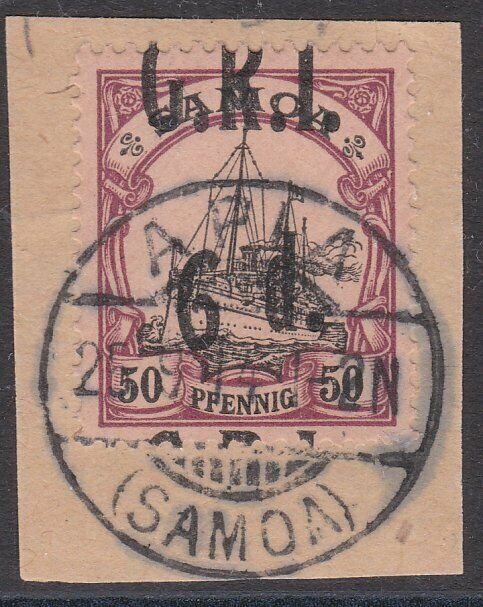 SAMOA 1914 GRI opt on German Samoa : 6d on 50pf INVERTED 9 used on piece....C634