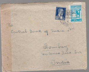 1941 Turkey censored airmail cover to Central Bank of India