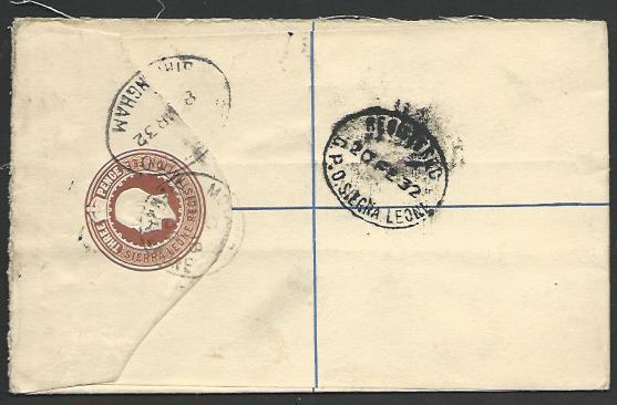 SIERRA LEONE 1932 GV 3d small registered envelope used MOYAMBA to UK.......56807