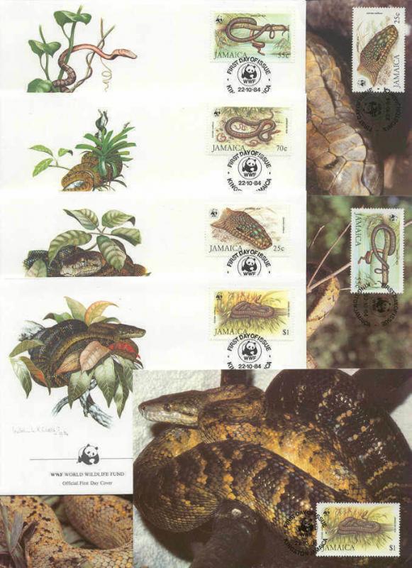 Jamaica 8 FDC/cards WWF/Snakes 1984