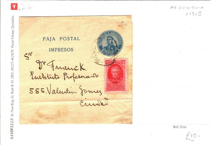 ARGENTINA Postal Stationery Uprated WRAPPER 1 Centavo Buenos Aires c1910 SV24