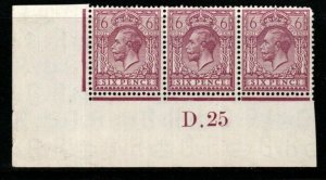 GB SG426a 1926 6d REDDISH PURPLE ORD PAPER CONTROL D25 STRIP OF 3 MTD MINT