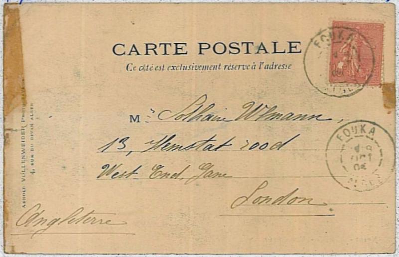 ALGERIA -  POSTAL HISTORY:  postcard from FOUKA to LONDON 1904