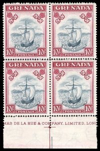 Grenada 1944 KGVI 10s P14 DE LA RUE Imprint block of four MNH. SG 163d.