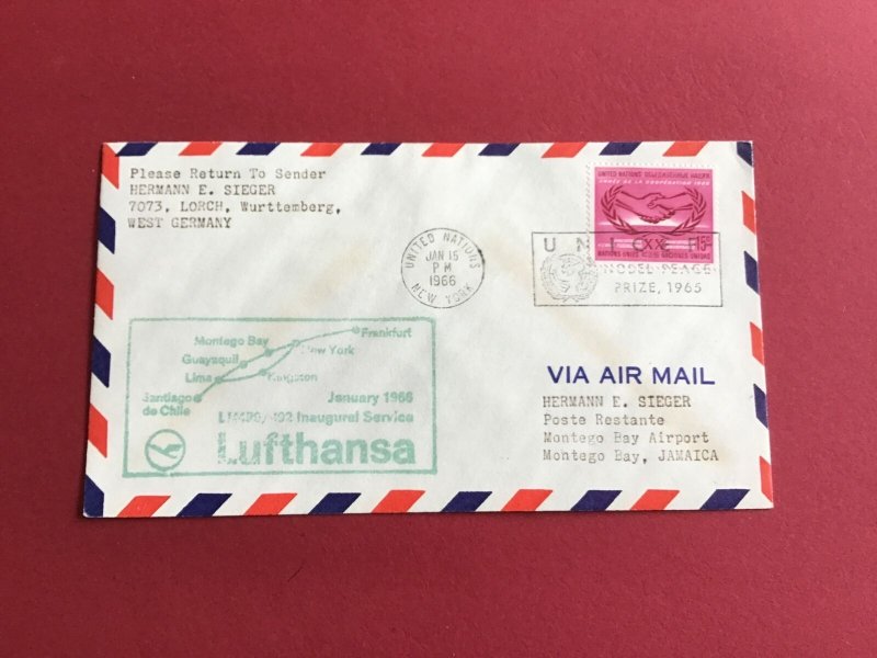 United Nations New York Germany Jamaica 1966 Air Mail Stamps Flight Cover R45252 