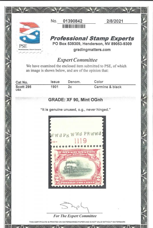 295 Mint,OG,NH... PSE graded 90 XF... SMQ $110.00... Plate# single w/Initials