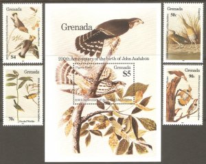 GRENADA  Sc# 1251 - 1255 MNH FVF Set-4+ Souv Sht Audubon Birds