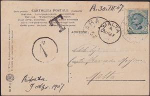 MALTA 1907 1d in circle due on postcard ex Italy............................8848 