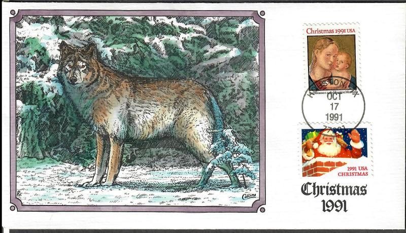 US Collins FDC SC#2578, 2579 Christmas 1991 Wolf