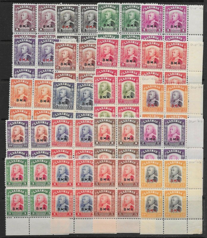 SARAWAK SG126/45 1945 BMA OVERPRINT SET MNH CNR BLKS OF 4