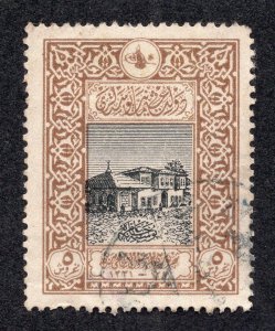 Turkey 1916 5pi yellow brown & black Post Office, Scott 349 used, value = $2.50