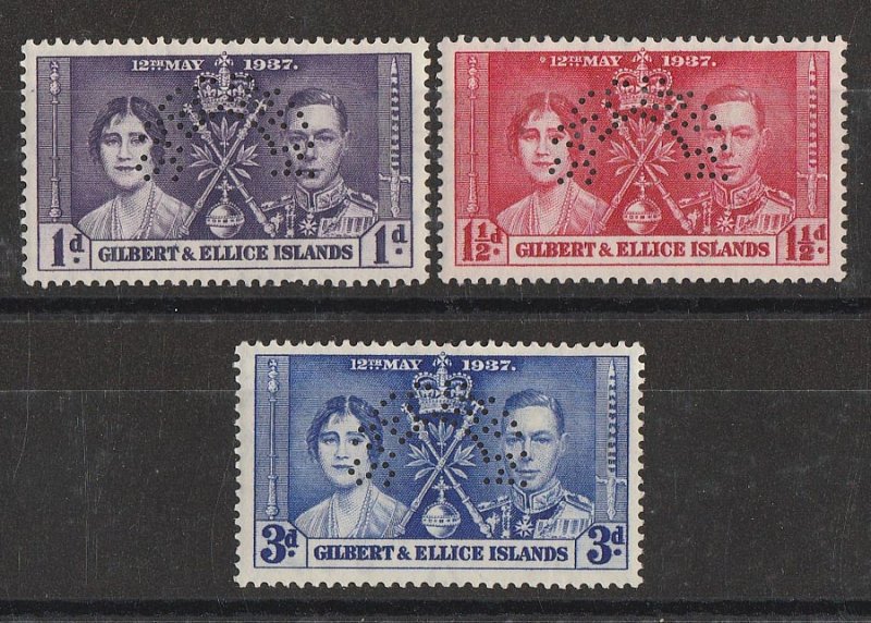 GILBERT & ELLICE ISLANDS : 1937 KGVI Coronation set 1d-3d, SPECIMEN. MNH **. 