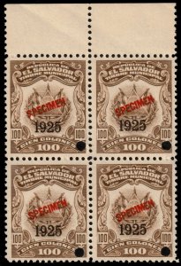 ✔️ EL SALVADOR 1925 (1920) COAT OF ARMS BL/4 MUNICIPAL REVENUE 100 COL MNH [029]