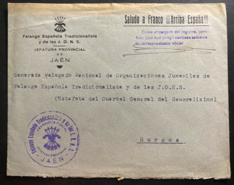 1930s Jaen Spain Falange Political Party Civil War Cover To Burgos