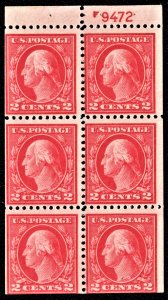 US 499e MNH VF 2 Cent Washington Perforated 11 W/Plate # F 9472 Bklt Pane of 6