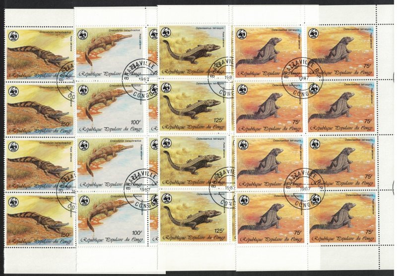 Congo WWF Crocodiles 4v Blocks of 8 A 1987 CTO SC#C367-C370 SG#1058-1061