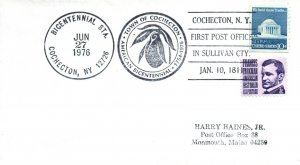 CACHET CANCELLATION TOWN OF COCHECTON NY AMERICAN BICENTENNIAL COMBO STAMPS 1976