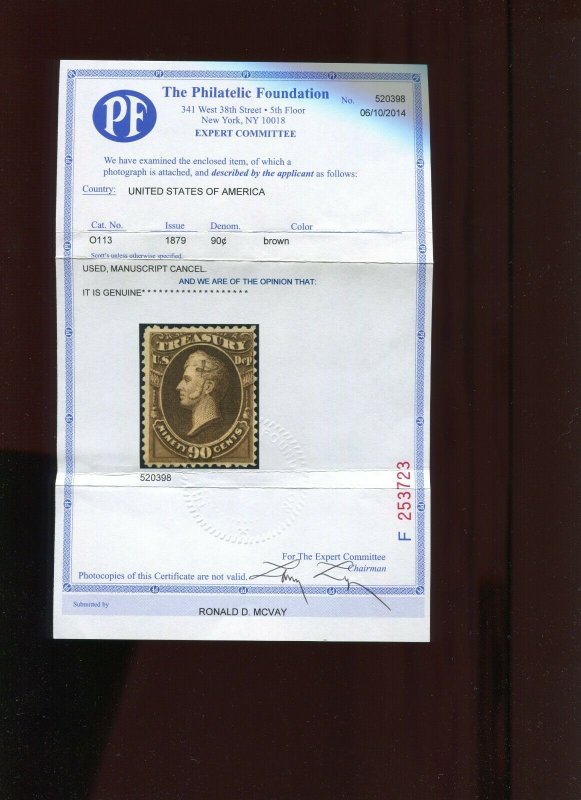 O113 Treasury Dept Official SOFT PAPER Used Stamp with PF Cert (O113 PF2) 