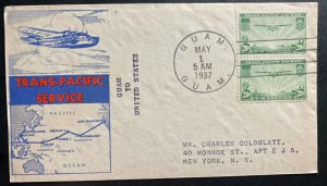 1937 Guam Guam Island First Flight Airmail Cover FFC to New York USA Trans Pacif