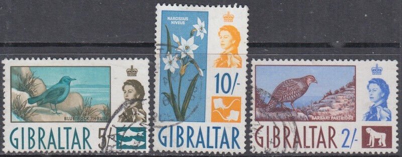 GIBRALTAR Sc # 157-9 INCPL USED HI-VALUES SET of 3 - FLOWERS and BIRDS