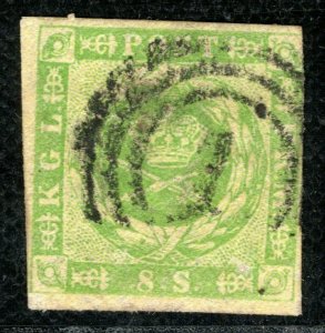DENMARK Stamp Scott.8a 8s Yellow Green (1857-58) Used Cat $80- 2RGREEN118