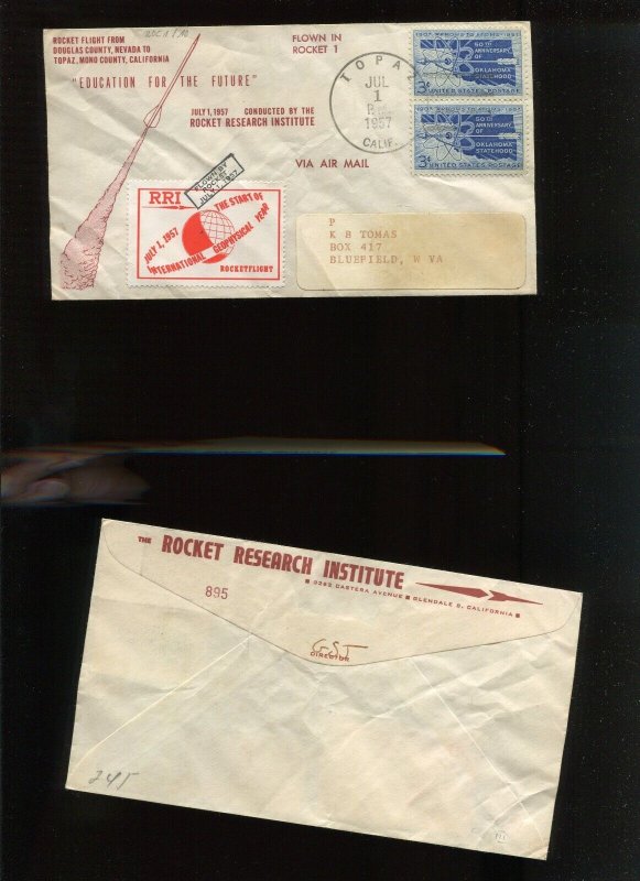 RRI ROCKET #1 FLOWN COVER JULY 1 1957 TOPAZ CALIFORNIA (HR1098)