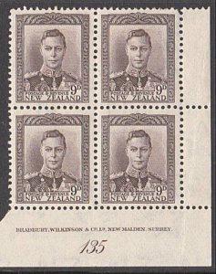 NEW ZEALAND GVI 9d plate block #135 MNH CP cat NZ$80........................A215