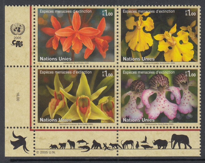 UN Geneva 439a Orchids Inscription Plate Block MNH VF