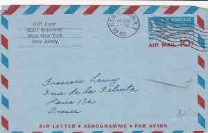 U.S. Cliff Jeger,New Jersey 1960 Aerogramme 10c Air Mail to Paris,France Rf44608