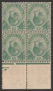 STRAITS SETTLEMENTS 1921 KGV 3c green block, wmk script INVERTED. MNH **.