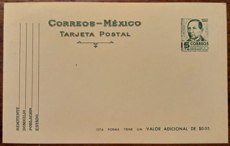 Mexico postal stationery postcard cover unused 15c B. Juarez, good as seen