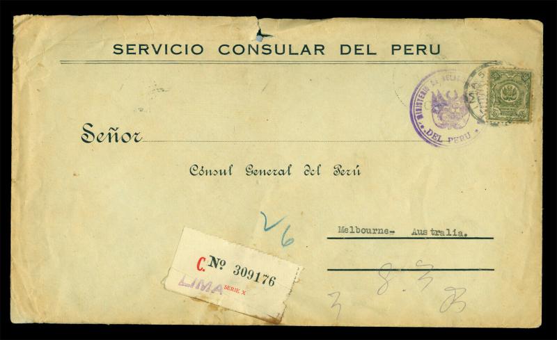 PERU 1933 OFFICIAL REGISTERED Consular MAIL cover w/ 50c  Sc# O30 to AUSTRALIA