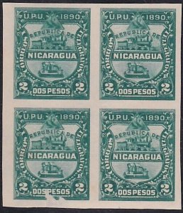 NICARAGUA 1890 2c block of 4 unused IMPERF.................................A5145