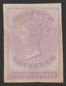 CEYLON 1857 QV ½d on blued paper, imperf, no wmk. SG 16 cat £4250. VERY RARE!