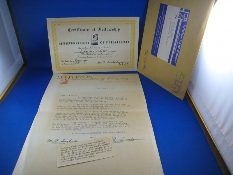 LITTLETON CERTIFICATE OF FELLOWSHIP  1955