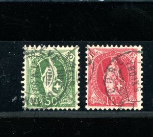 Switzerland #96 & #97 (S496) Helvetia 50 c green, 1 fr carmine, Used, F-VF