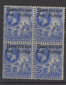 BARBADOS Bft13 1916 1d on 2½d BLUE TYPE b BLOCK OF 4 MNH 