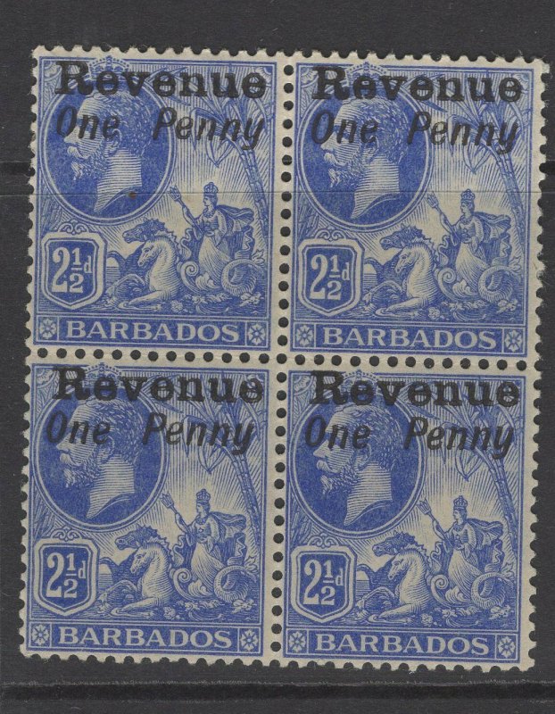 BARBADOS Bft13 1916 1d on 2½d BLUE TYPE b BLOCK OF 4 MNH 