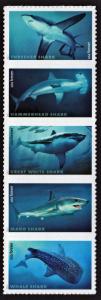 SC#5223-27 (49¢) Sharks Strip of Five (2017) SA