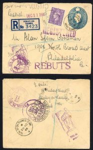 KGVI 3d Pale Violet uprating 1945 2 1/2d Stationary to US Refused mail (Rebuts)