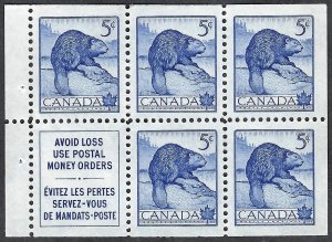 Canada #336a 5¢ Beaver (1954). Pane of 5. MNH