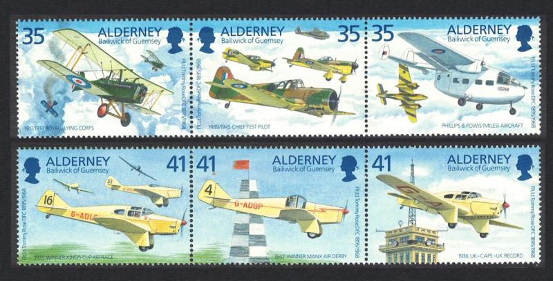 Alderney Birth Cent of Tommy Rose aviator 6v 2 Strips SG#A78-83