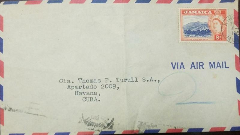 o) 1956 JAMAICA, BLUE MOUNTAIN PEAK-QUEEN ELIZABETH II,  SCOTT 8P.  COVER TO CAR 