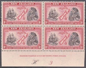 NEW ZEALAND 1940 Centenary 1d Captain Cook plate block MNH CP cat NZ$40.....K543