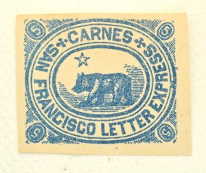 US LOCAL STAMP SCOTT #35L7 CARNE'S CITY LETTER EXPRESS 5C 2ND REPRINT, 1865